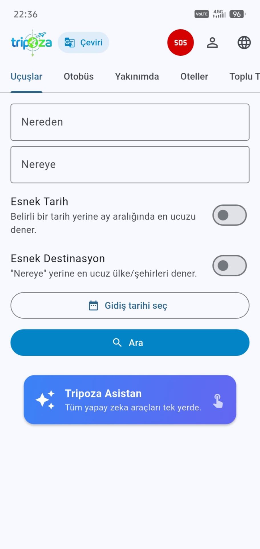 Tripoza Uçuşlar ekranı
