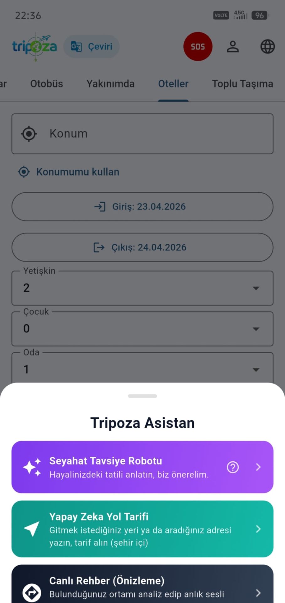 Tripoza Oteller ekranı